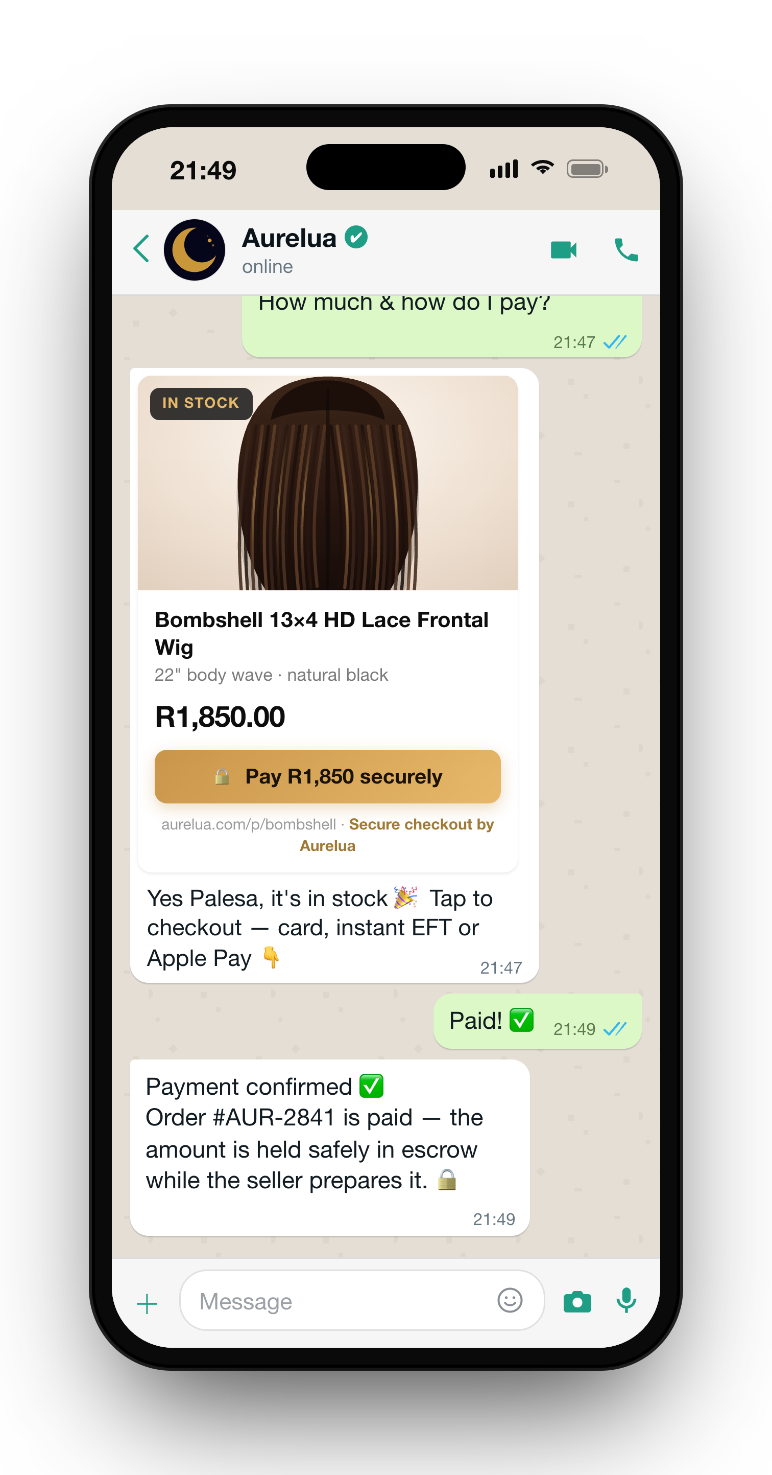 WhatsApp chat with Aurelua's verified profile: a buyer asks how much, gets a secure checkout link, pays, and the order is confirmed in chat
