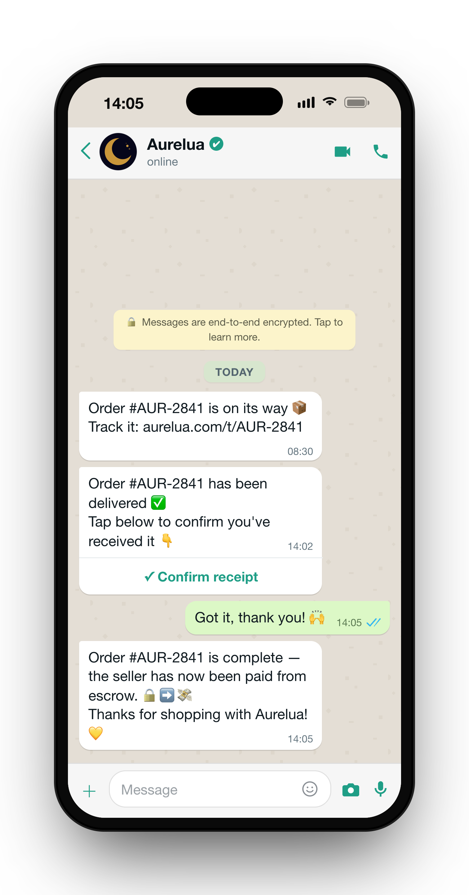 WhatsApp chat with Aurelua: order shipped with tracking, delivered with a Confirm receipt button, then 'the seller has now been paid from escrow'